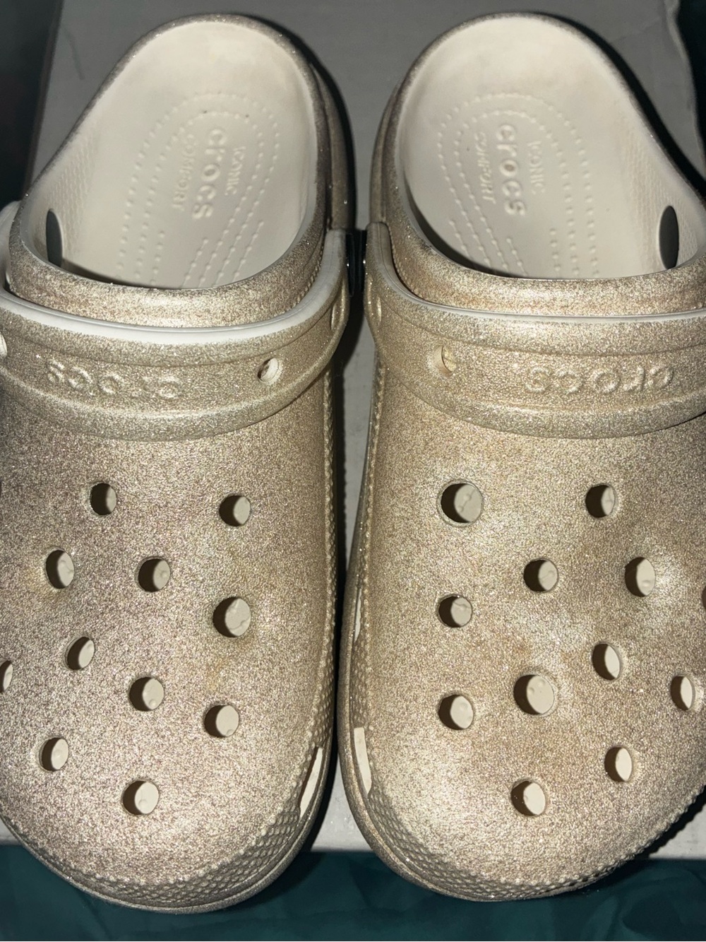 Crocs Women’s Iconic Croc Comfort - While/Rose Gold Glitter size 6